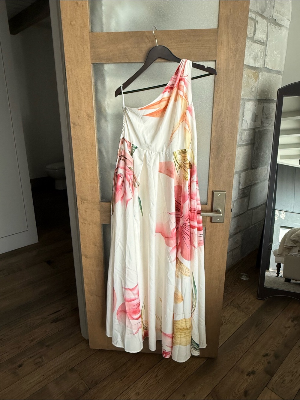 One-Shoulder Floral Maxi Dress in White with Pink & Yellow Print